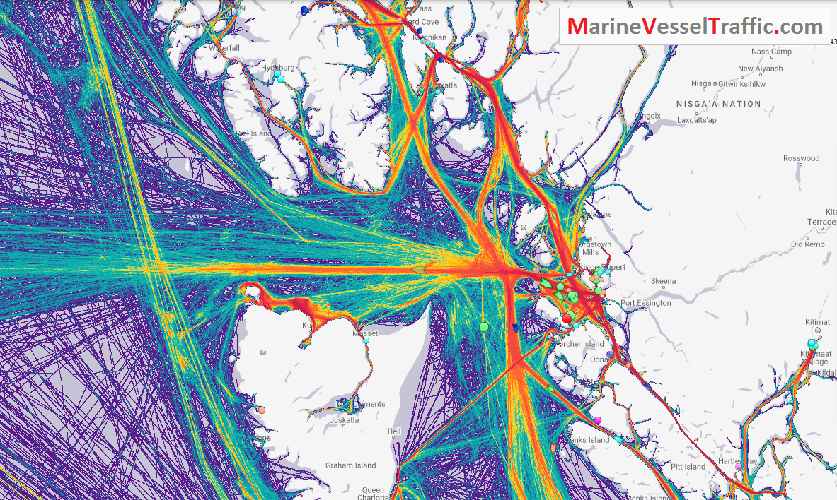 Live Marine Traffic, Density Map and Current Position of ships in DIXON ENTRANCE CHANNEL
